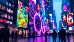 A photograph of a vibrant led display in a dynamic urban setting