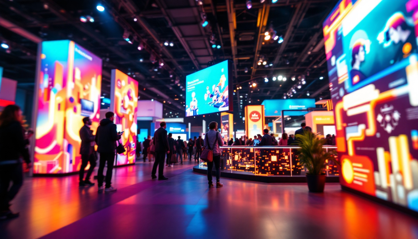 A photograph of a vibrant trade show booth featuring an eye-catching led display