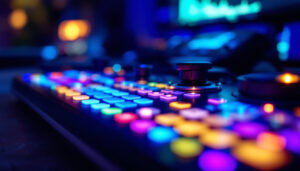 A photograph of a close-up shot of a touch screen controller with a vibrant led display in action
