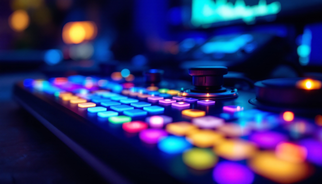 A photograph of a close-up shot of a touch screen controller with a vibrant led display in action