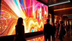 A photograph of capture a photograph of a modern hotel lobby featuring a vibrant led display showcasing dynamic visuals or information