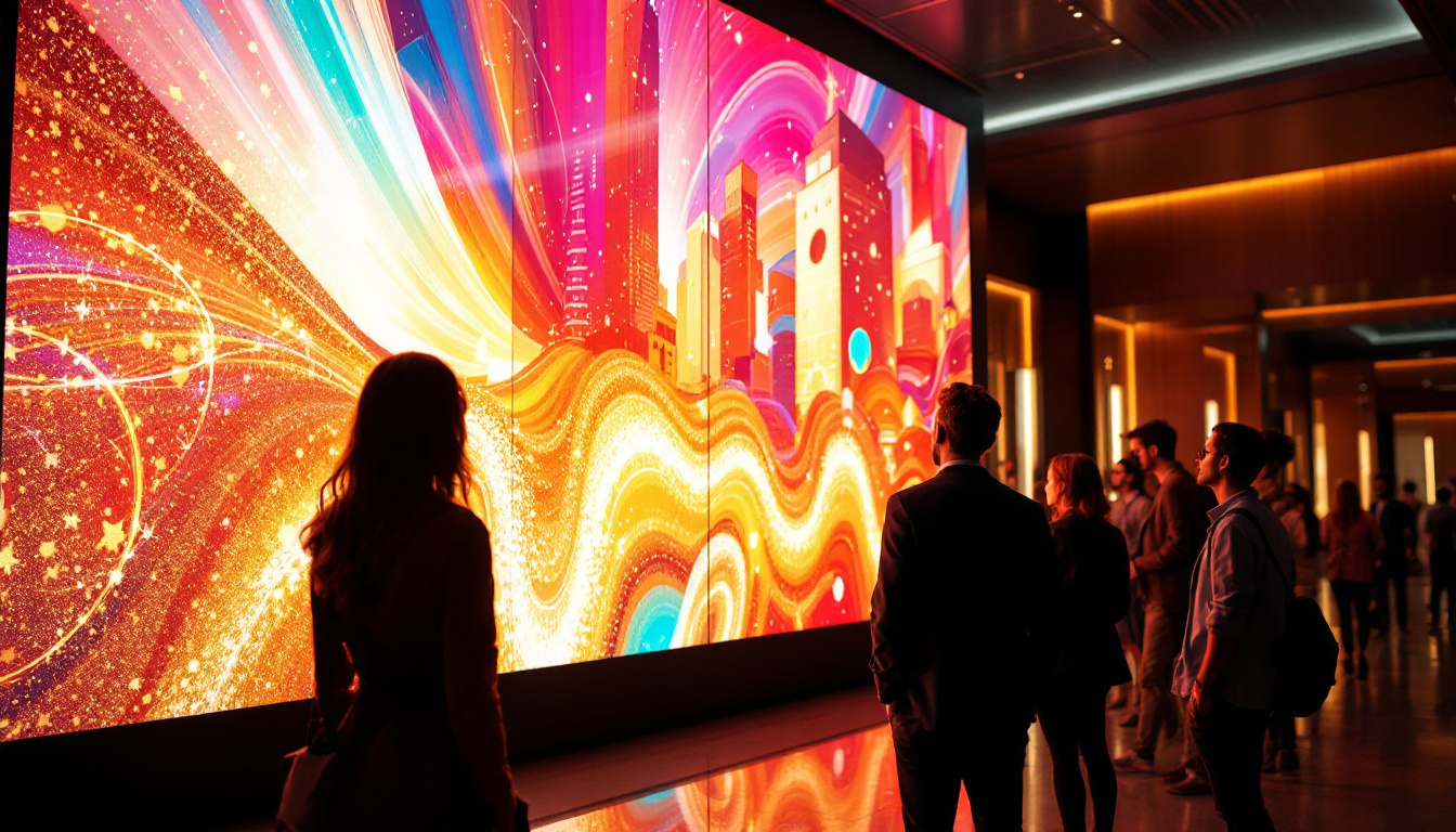 A photograph of capture a photograph of a modern hotel lobby featuring a vibrant led display showcasing dynamic visuals or information