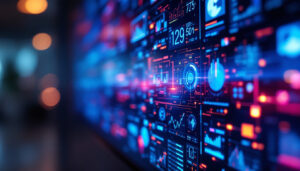 A photograph of a close-up of a vibrant panel touch screen displaying an interactive interface