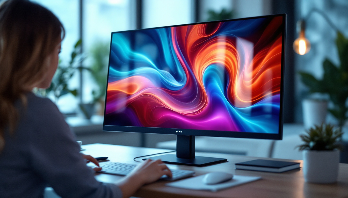 A photograph of capture a photograph of a sleek 27-inch led touch screen monitor in a modern workspace