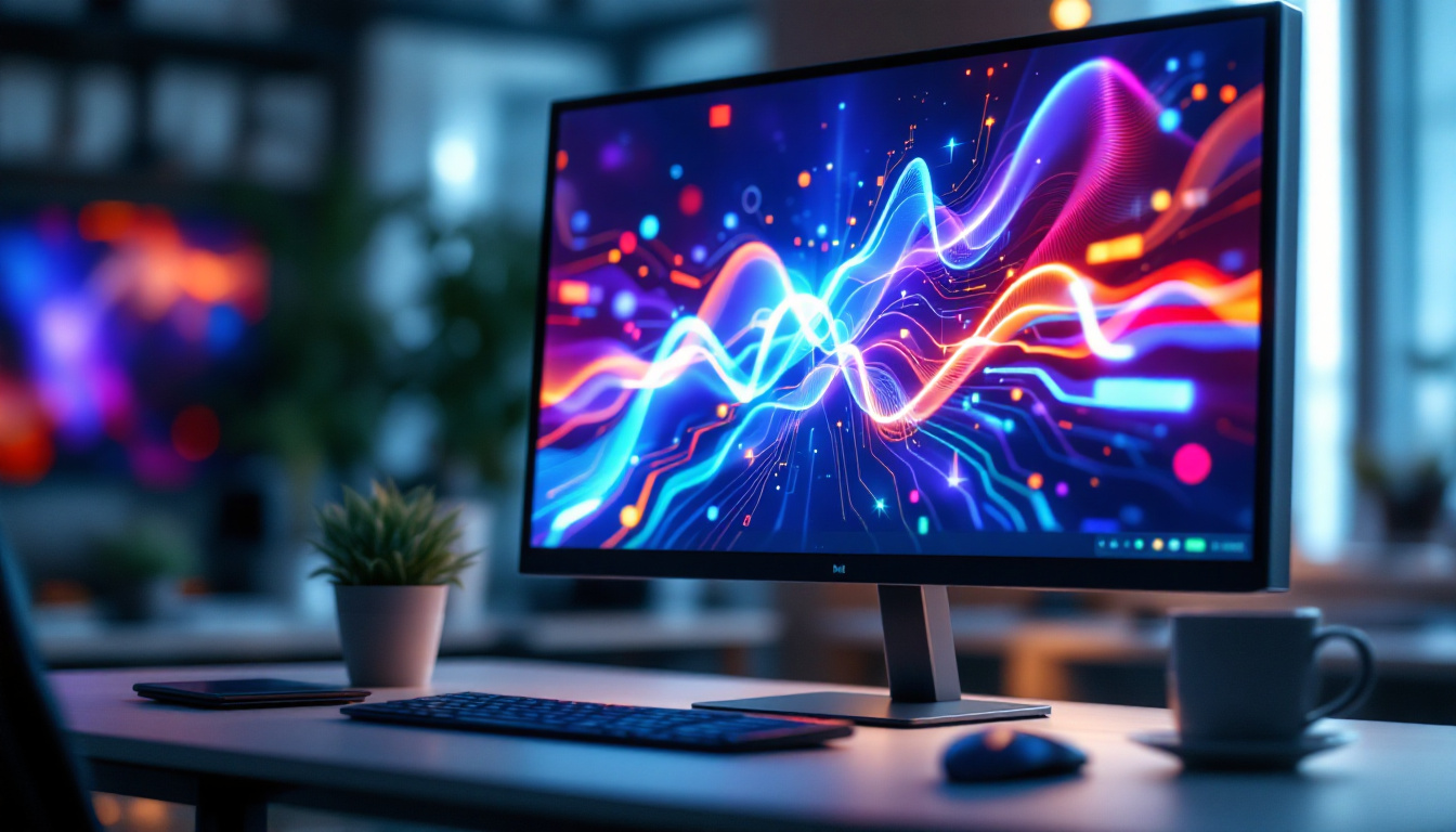 A photograph of a sleek 27-inch touch screen monitor displaying vibrant led graphics in a modern workspace setting
