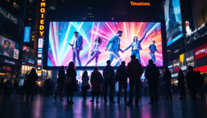 A photograph of a vibrant led display in a bustling urban setting