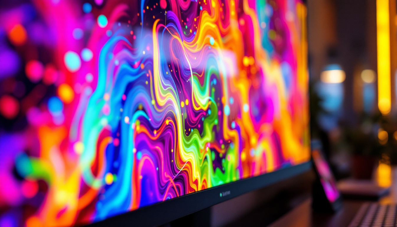 A photograph of a close-up shot of a vibrant led monitor displaying a colorful image or graphic
