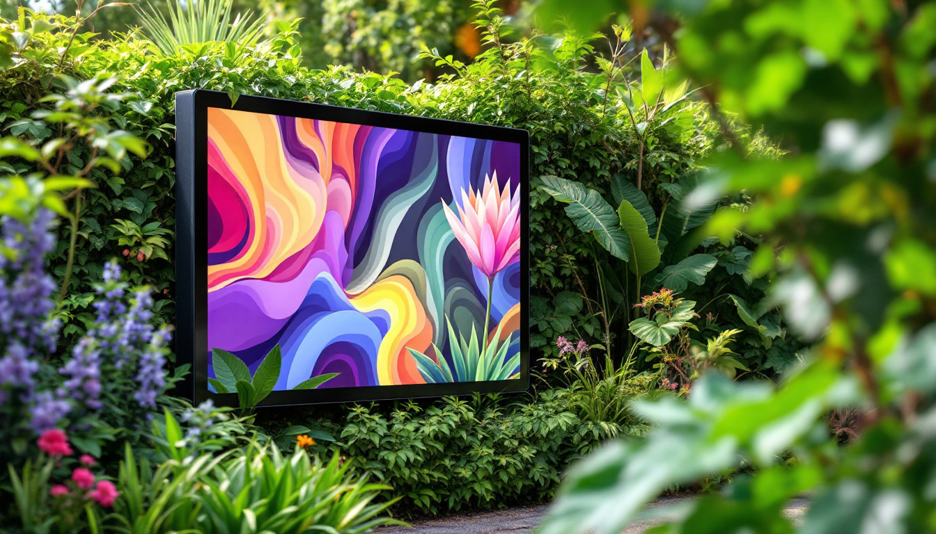 A photograph of a vibrant outdoor setting featuring a sleek led display panel surrounded by lush greenery