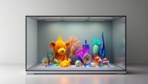 A photograph of a sleek led glass display case showcasing an array of vibrant collectibles or art pieces