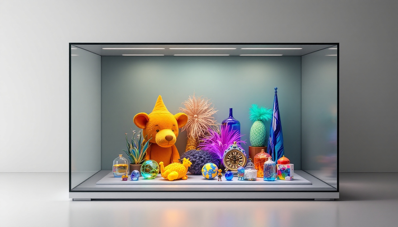 A photograph of a sleek led glass display case showcasing an array of vibrant collectibles or art pieces