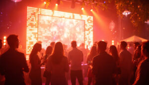 A photograph of capture a photograph of a vibrant event scene featuring an led display in action