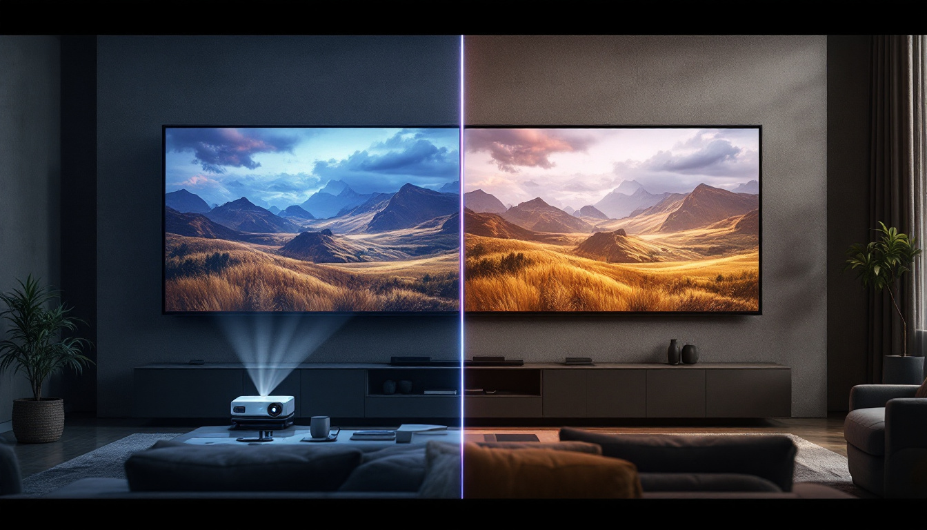 A photograph of a side-by-side comparison of a projector displaying an image on a textured wall versus a high-quality projection on a dedicated screen