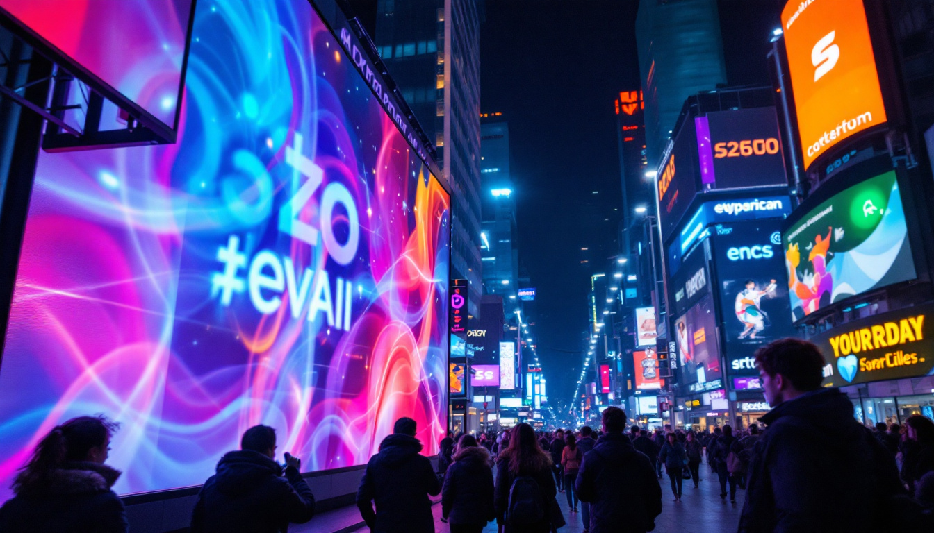 A photograph of a vibrant led display in a bustling urban setting