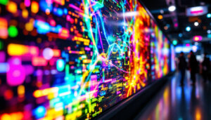 A photograph of a vibrant led display showcasing dynamic colors and visuals
