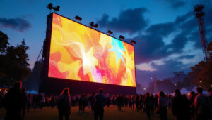 A photograph of a vibrant outdoor event featuring a large led display