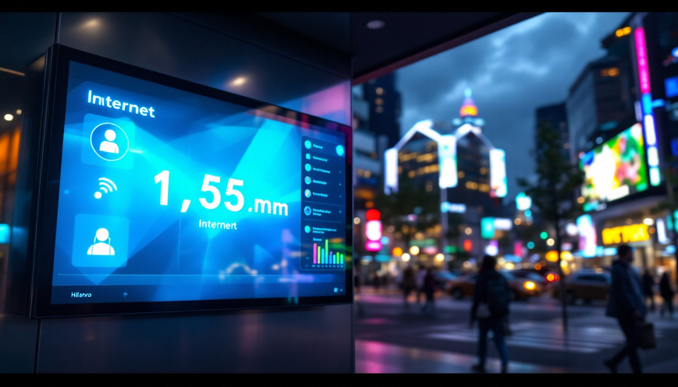A photograph of capture a photograph of a modern led display showcasing internet service options in a vibrant urban setting