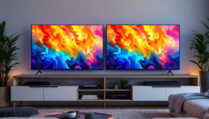 A photograph of a side-by-side comparison of an led tv and an lcd tv displaying vibrant images