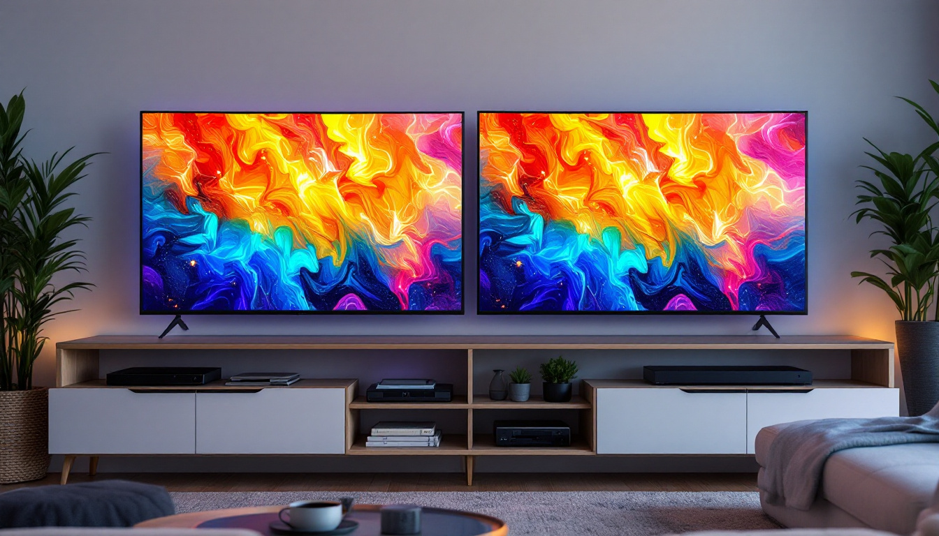 A photograph of a side-by-side comparison of an led tv and an lcd tv displaying vibrant images