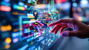 A photograph of a close-up shot of a vibrant touchscreen led display in use