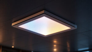 A photograph of a ceiling access panel with an led display integrated into it