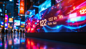 A photograph of a vibrant led display showcasing a visually striking digital measurement conversion from 122 inches to feet