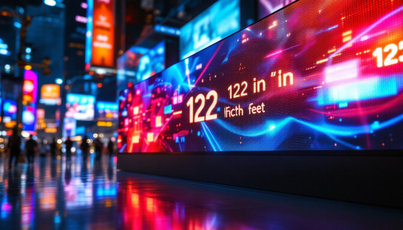 A photograph of a vibrant led display showcasing a visually striking digital measurement conversion from 122 inches to feet