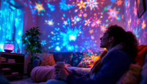 A photograph of a cozy indoor setting featuring a vibrant led light projector in action
