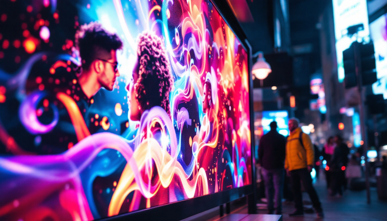 A photograph of a vibrant led display showcasing dynamic visuals in a bustling urban environment
