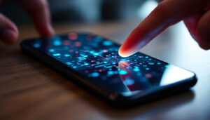 A photograph of a close-up view of a smartphone's touch screen in action