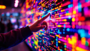 A photograph of a close-up of a vibrant led display in action
