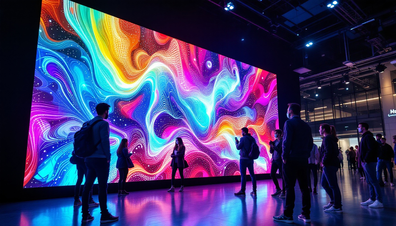 A photograph of a vibrant led wall display in a dynamic setting