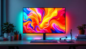 A photograph of a vibrant and engaging desktop wall setup featuring a high-resolution led display showcasing dynamic visuals or interactive content