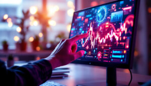 A photograph of a sleek usb touch screen monitor displaying vibrant led graphics