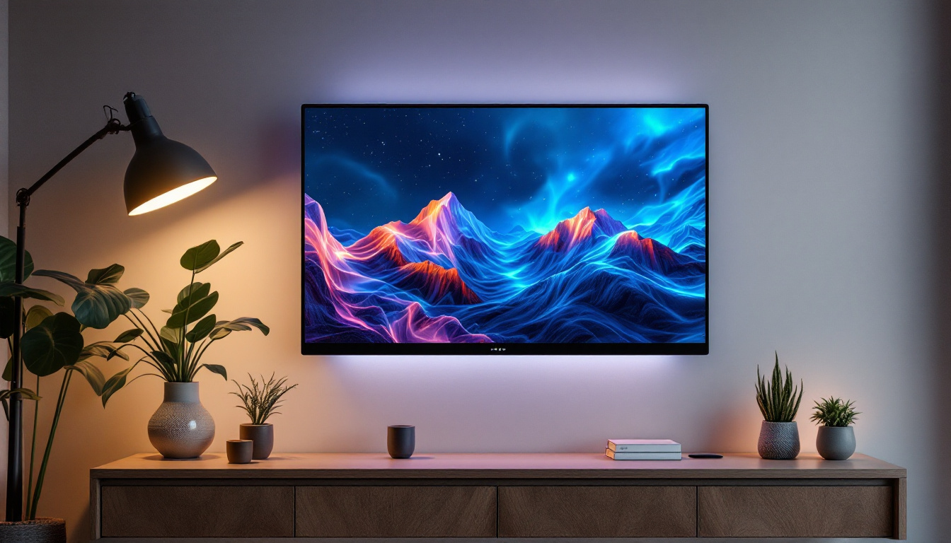 A photograph of a sleek wall-mounted all-in-one computer with an led display