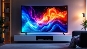 A photograph of a sleek curved lcd tv displaying vibrant led visuals in a modern living room setting