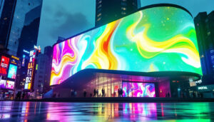 A photograph of a vibrant led display in an urban setting