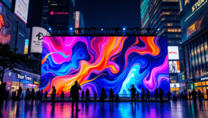 A photograph of a vibrant led display in a bustling urban environment