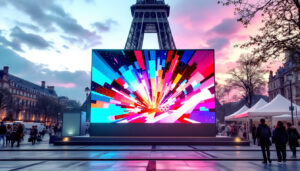 A photograph of a vibrant led display showcasing dynamic visuals related to the paris olympics