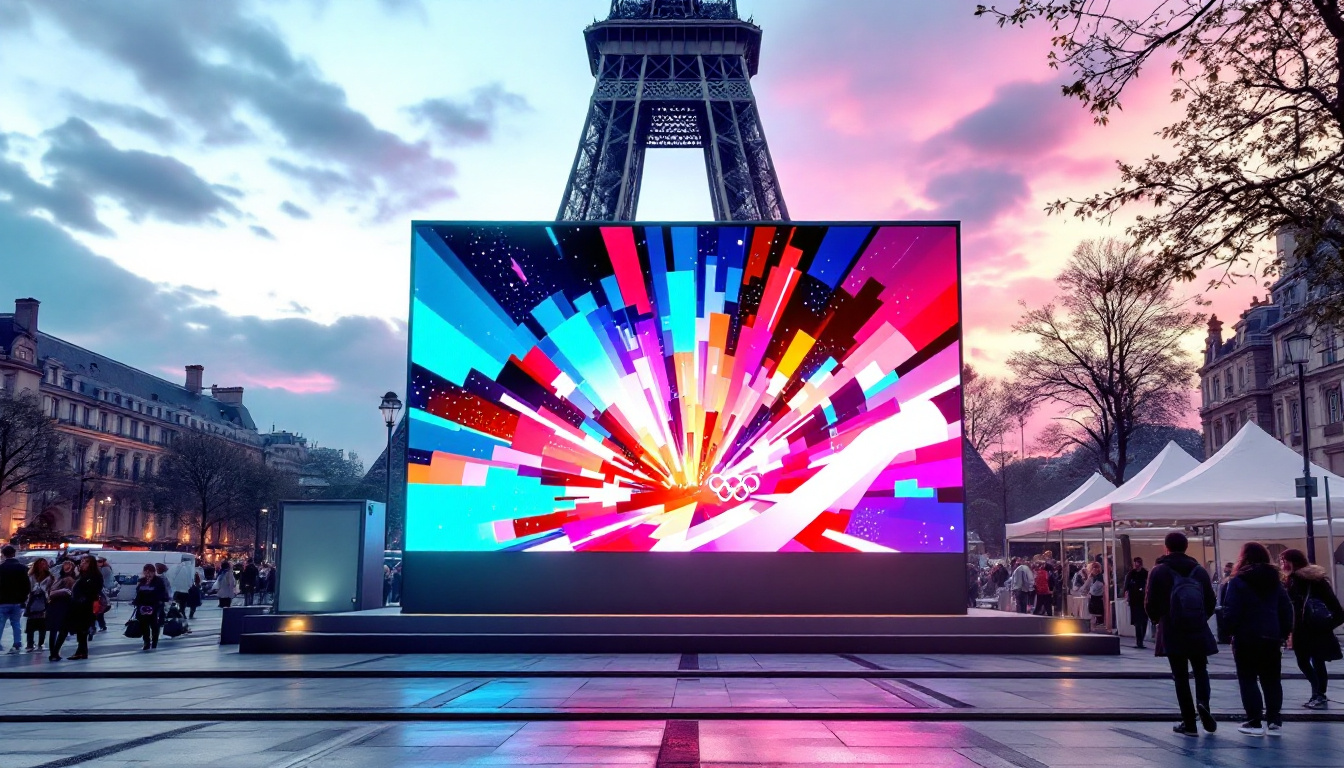 A photograph of a vibrant led display showcasing dynamic visuals related to the paris olympics