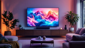 A photograph of a modern living room featuring a large led display in use