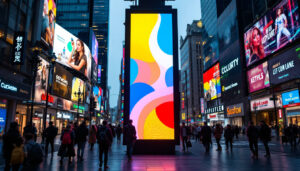 A photograph of capture a photograph of a vibrant vertical led display in a bustling urban environment