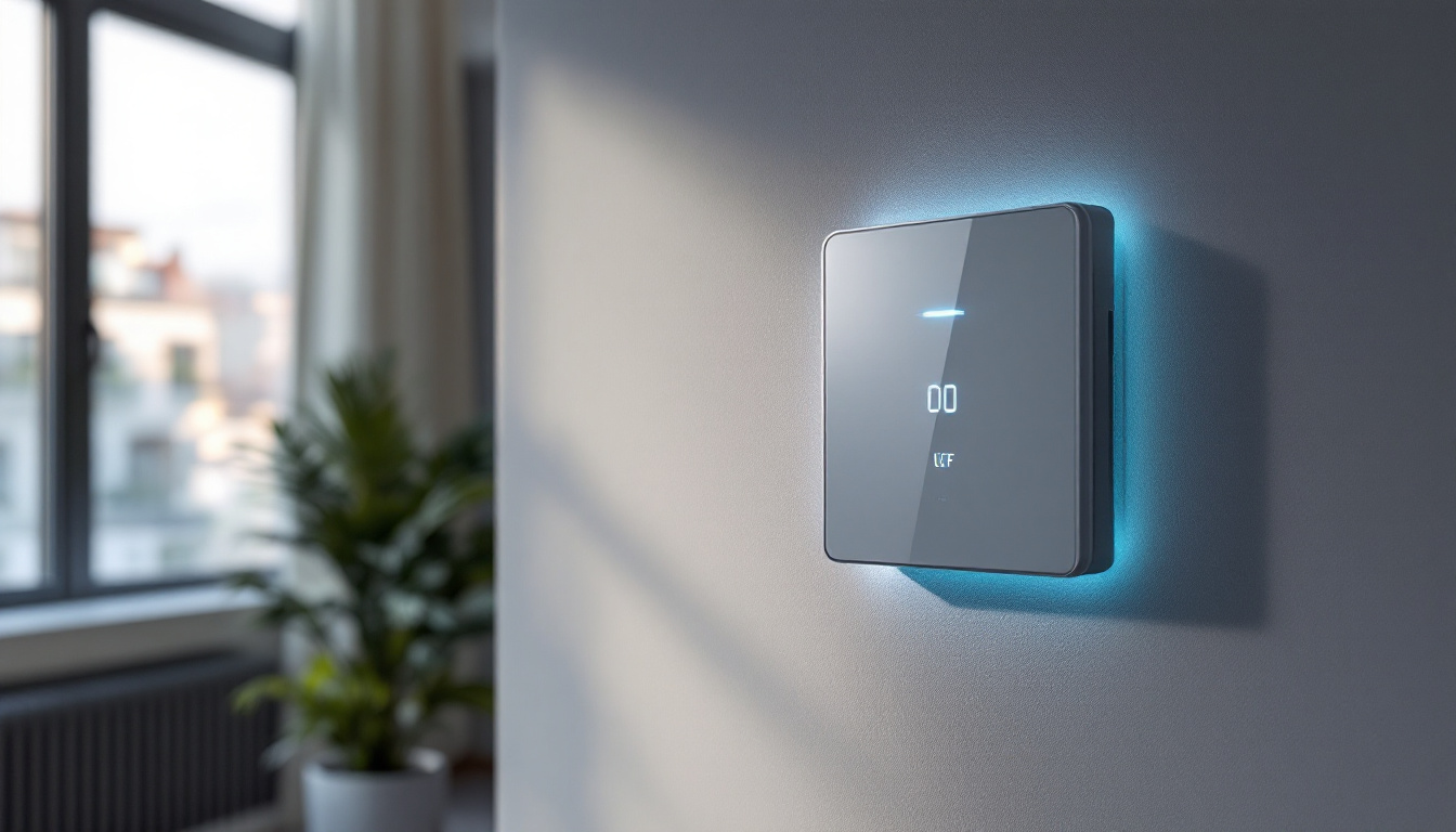 A photograph of a sleek touch modular switch with an illuminated led display