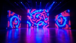 A photograph of a vibrant 50-foot led light display in a dark setting