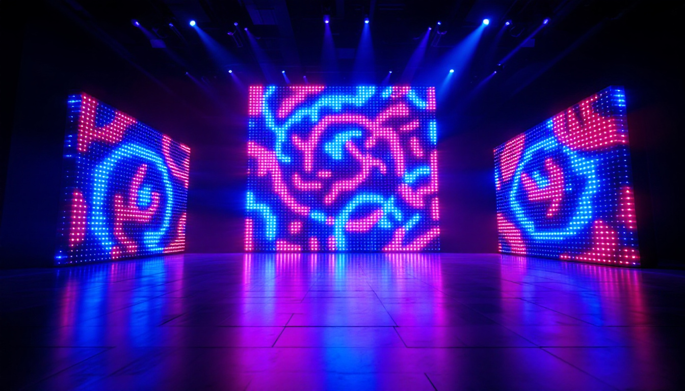 A photograph of a vibrant 50-foot led light display in a dark setting