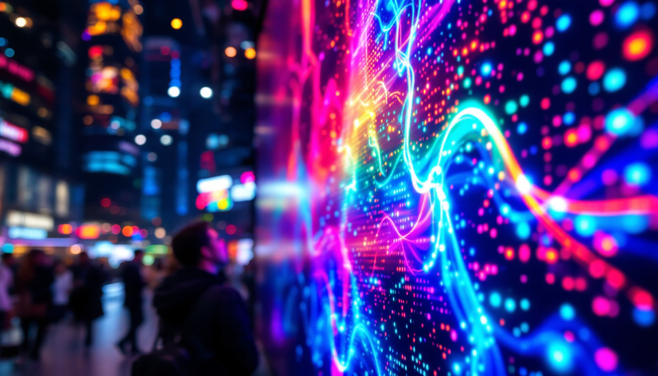 A photograph of a vibrant led display showcasing dynamic visuals and colors