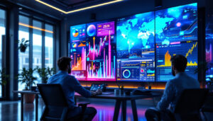 A photograph of a modern monitor room featuring a large led display in action