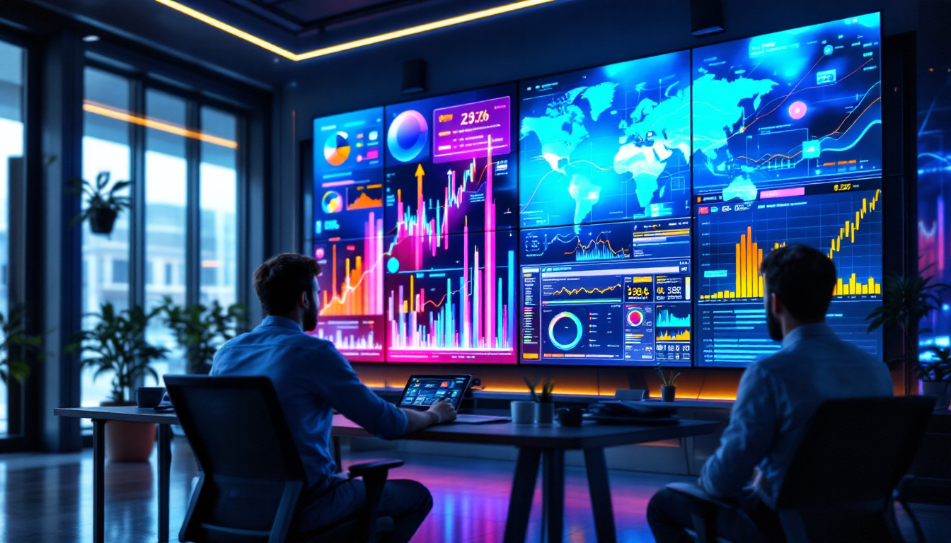 A photograph of a modern monitor room featuring a large led display in action