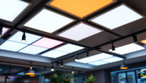 A photograph of a modern ceiling featuring 2x2 led display tiles in a well-lit environment