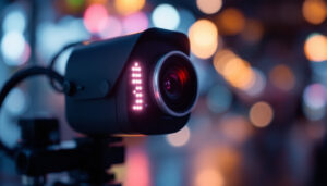 A photograph of a close-up shot of an optitrack camera in action