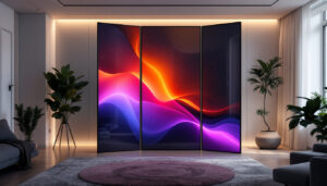 A photograph of a stylish 3-panel room divider with an integrated led display